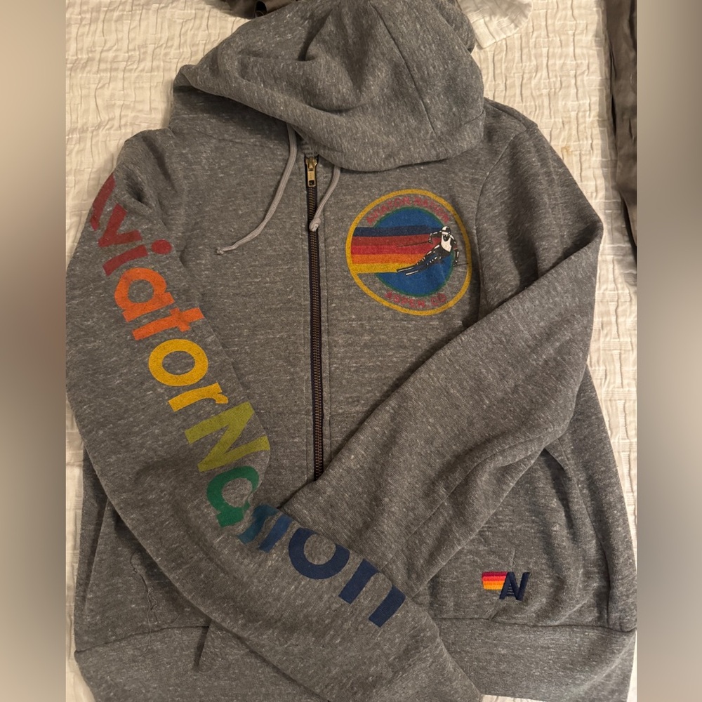 Aviator Nation Gray Hoodie with Rainbow Details